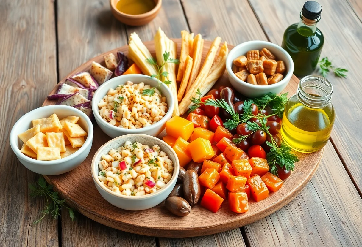 A colorful spread of fresh Aegean mezes and olive oil on a rustic wooden table.