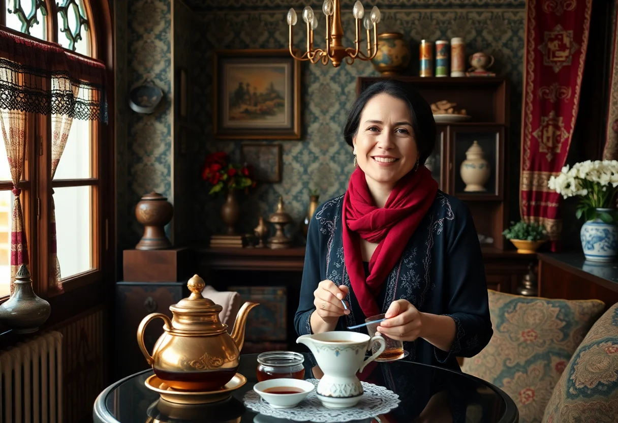 A friendly Turkish woman serving traditional tea in a beautifully decorated room