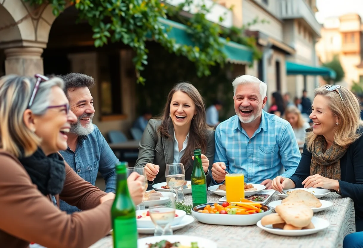A group of people laughing and enjoying a meal together outdoors in Turkey.