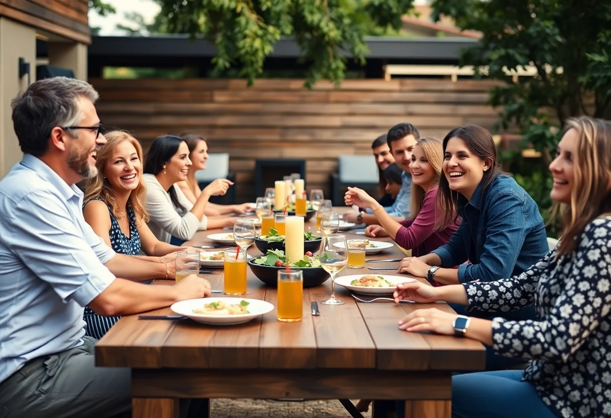 A group of people laughing and sharing a meal outdoors at a long wooden table.
