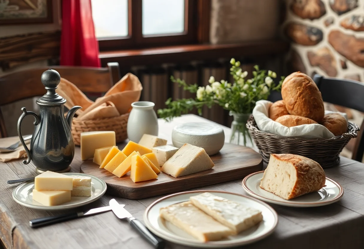 A rustic breakfast table with local cheeses and breads in a Black Sea highland setting.