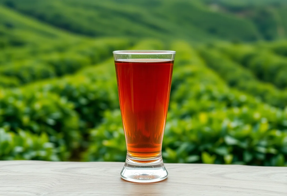 A traditional Turkish tea glass against a backdrop of lush green tea plantations in the Black Sea region.