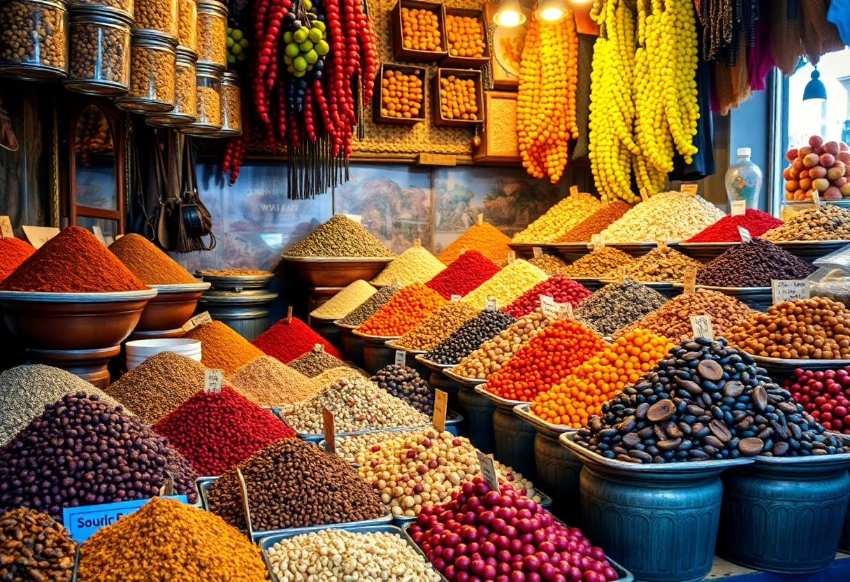 A vibrant Turkish bazaar stall filled with colorful spices and dried fruits.