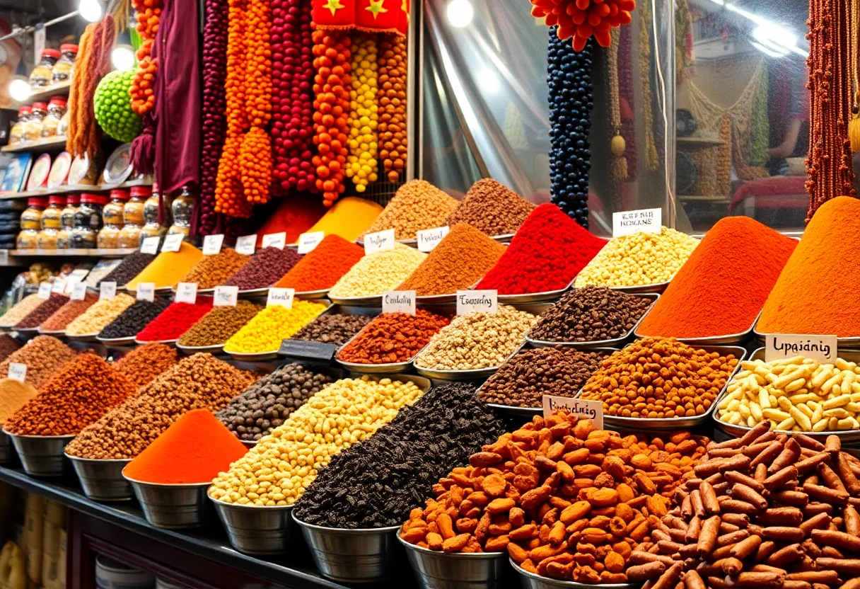 A vibrant Turkish bazaar stall filled with colorful spices and dried fruits.