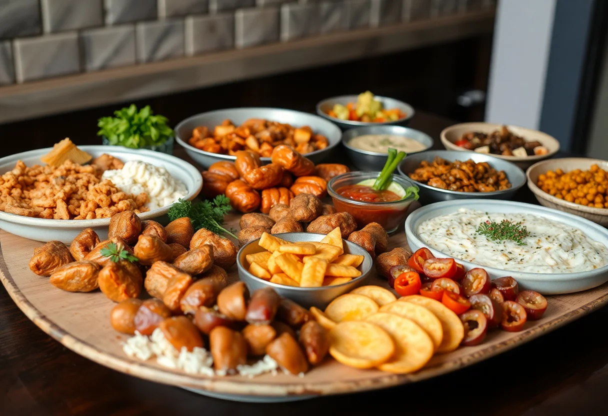 A wide array of Turkish meze dishes beautifully arranged on a table.