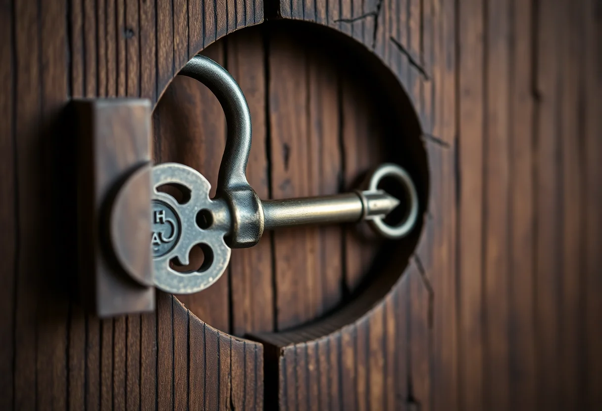 An old-fashioned key in a rustic wooden lock, symbolizing data security and privacy