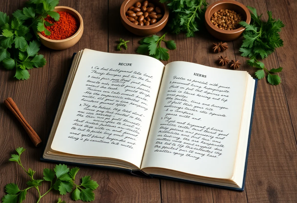 An old, handwritten recipe book open on a rustic wooden table, surrounded by fresh herbs and spices.