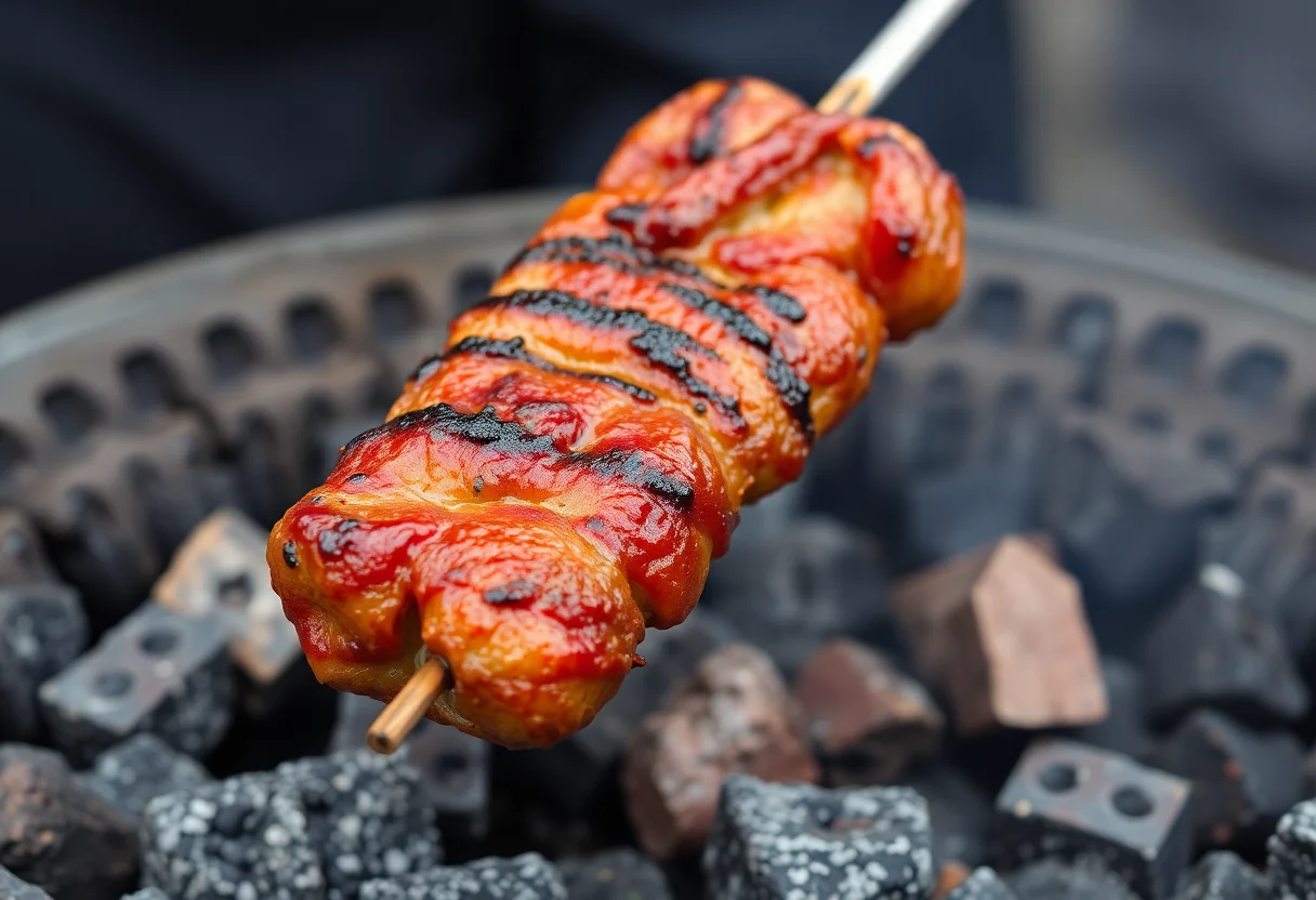 Close-up of a traditional Turkish kebab being grilled over charcoal.