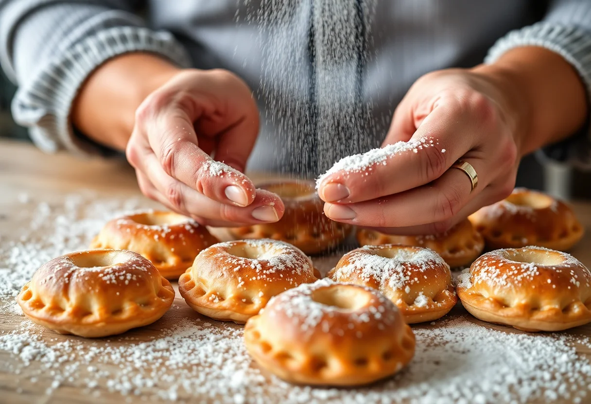Close-up of hands preparing traditional Turkish pastries, dusting them with flour.