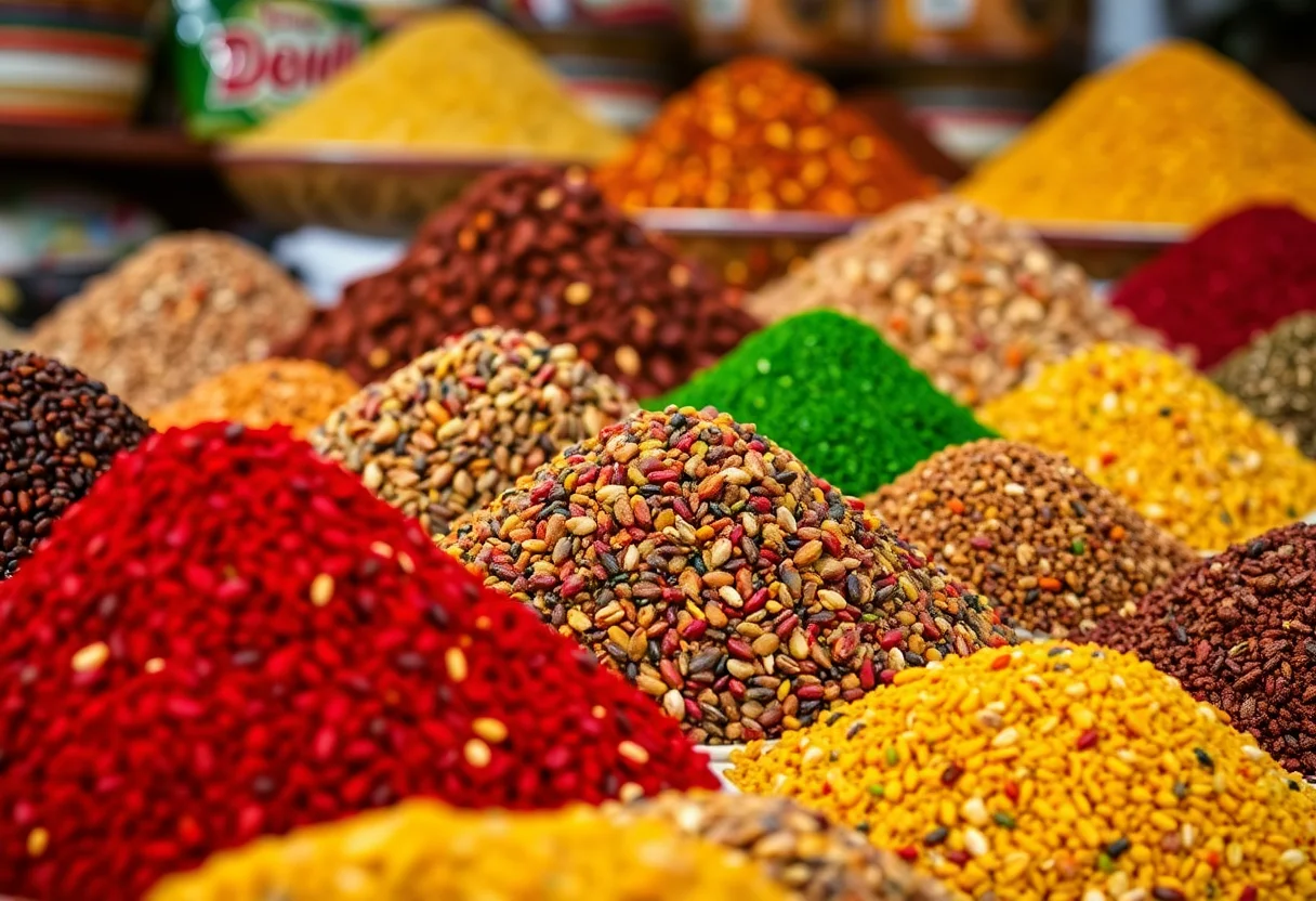 Colorful piles of spices in Gaziantep's historic market.
