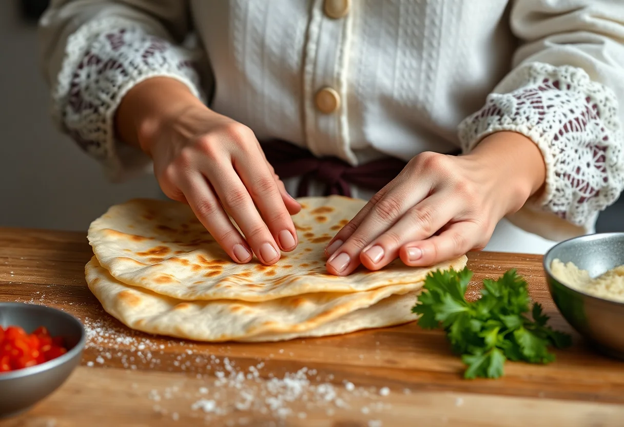 Hands of a woman preparing traditional Turkish flatbread, gozleme.
