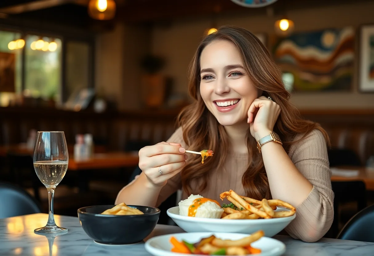 Happy woman smiling while eating a delicious meal at a restaurant.
