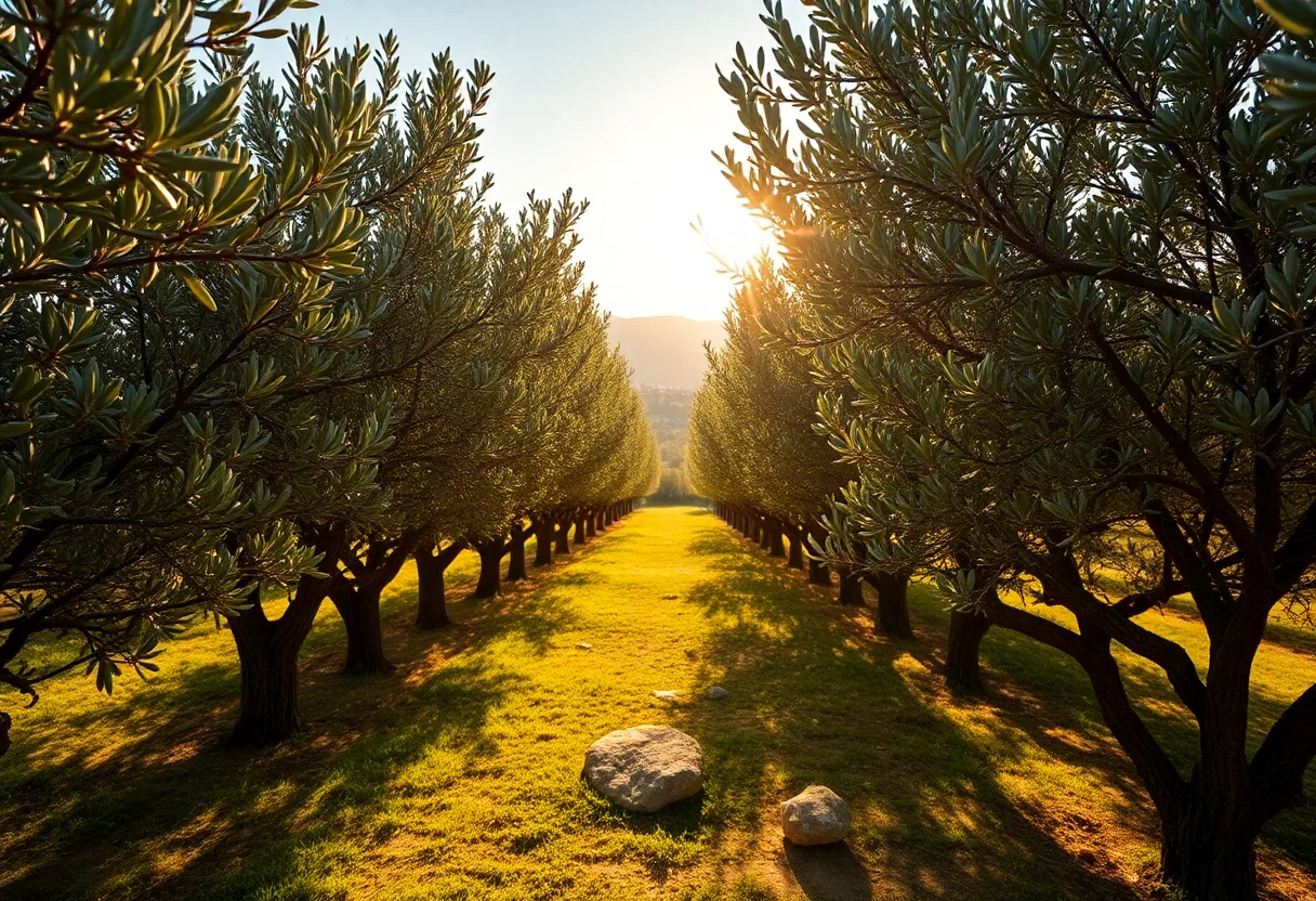 Sun-drenched olive grove in the Aegean region of Turkey.