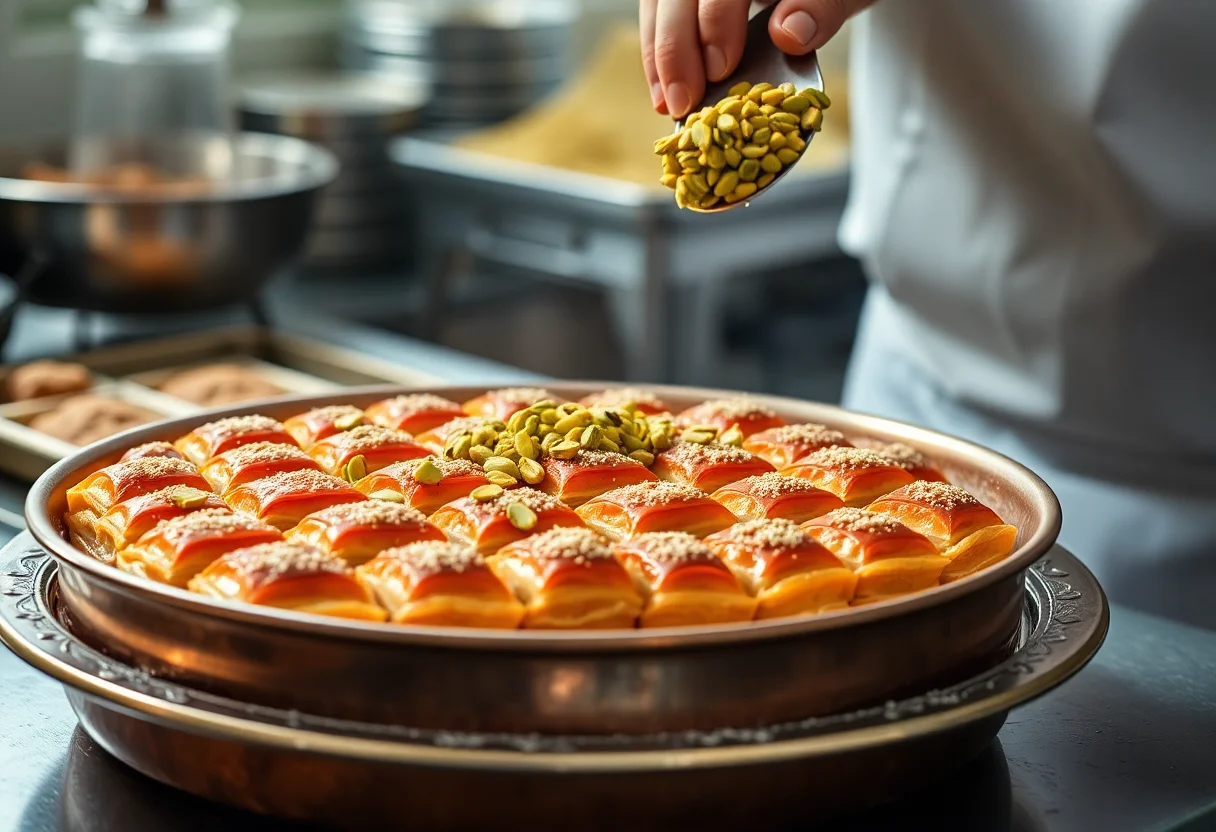 Traditional Turkish baklava being prepared with pistachios in a copper tray.